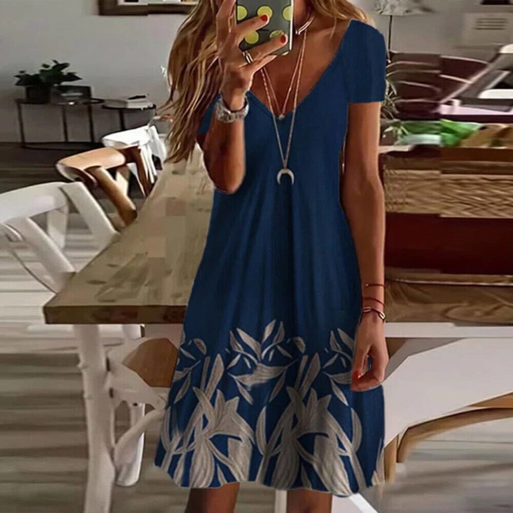Floral V Neck Dress Ladies Summer Short Sleeve Beach Sundress US Deep Blue 2XL